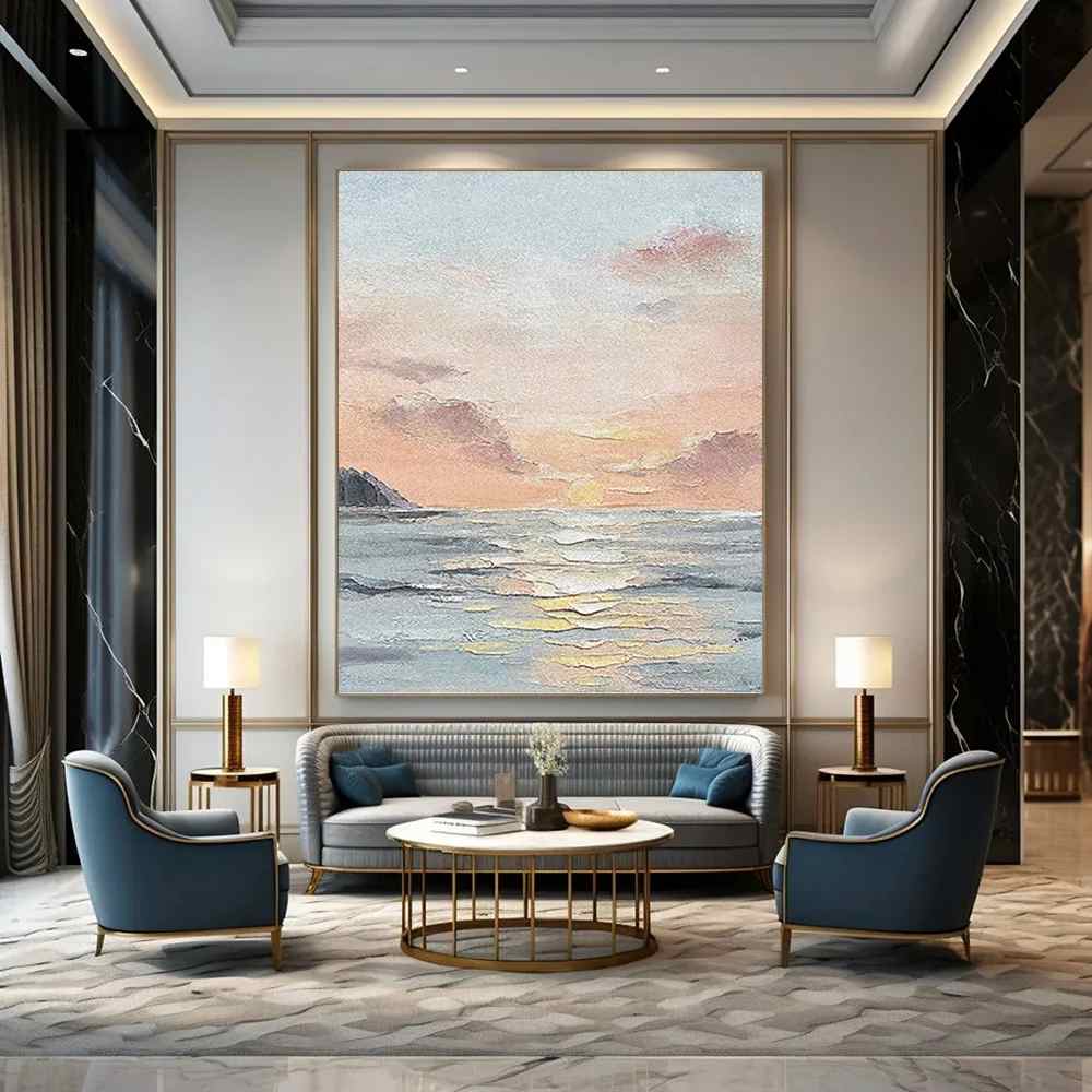Blue Hand-painted Sea Coastal Orange Abstract Canvas Artwork 56VD4